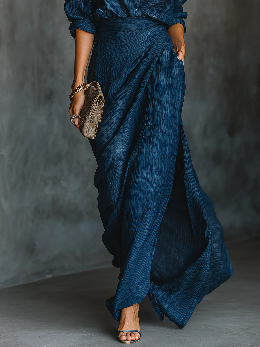 Valeria | Elegante conjunto de camisa y falda larga en mezcla de algodón y lino azul oscuro