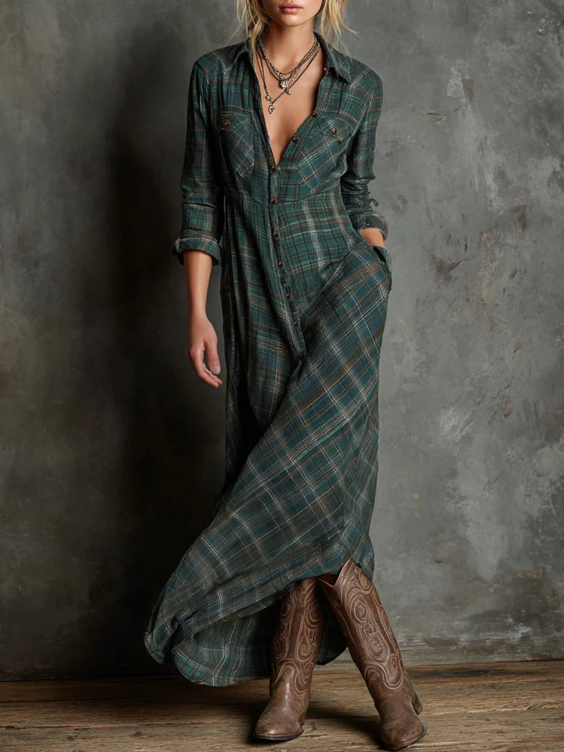 Soraya™ | Vestido largo a cuadros verde